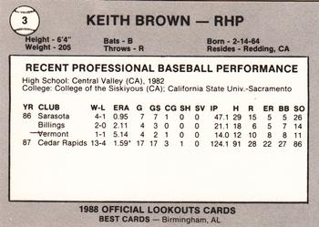 1988 Best Chattanooga Lookouts #3 Keith Brown Back
