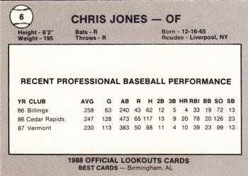 1988 Best Chattanooga Lookouts #6 Chris Jones Back