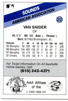 1988 CMC Nashville Sounds #22 Van Snider Back