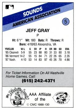 1988 CMC Nashville Sounds #5 Jeff Gray Back