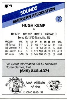 1988 CMC Nashville Sounds #7 Hugh Kemp Back