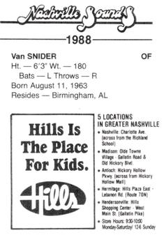 1988 Nashville Sounds #22 Van Snider Back
