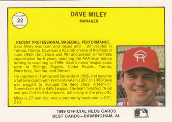 1989 Best Cedar Rapids Reds #22 Dave Miley Back