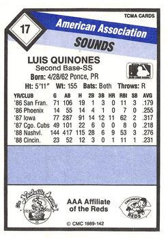 1989 CMC Nashville Sounds #17 Luis Quinones Back