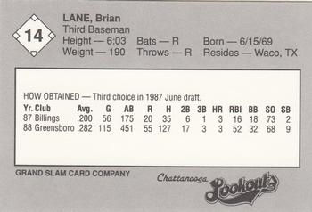 1989 Grand Slam Chattanooga Lookouts #14 Brian Lane Back