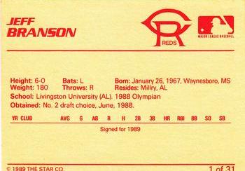 1989 Star Cedar Rapids Reds #1 Jeff Branson Back