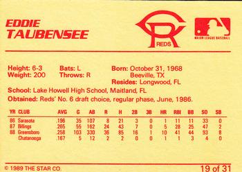 1989 Star Cedar Rapids Reds #19 Eddie Taubensee Back