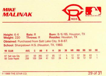 1989 Star Cedar Rapids Reds #29 Mike Malinak Back