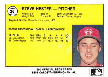 1990 Best Cedar Rapids Reds #26 Steve Hester Back