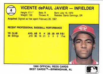 1990 Best Cedar Rapids Reds #4 Vicente Javier Back