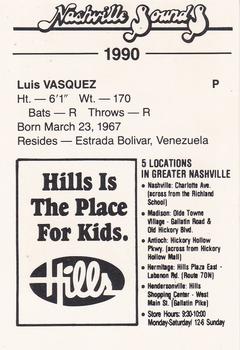 1990 Nashville Sounds #28 Luis Vasquez Back