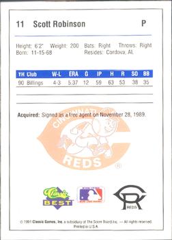 1991 Classic Best Cedar Rapids Reds #11 Scott Robinson Back