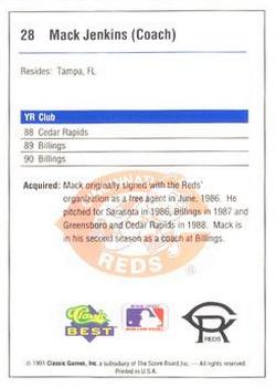 1991 Classic Best Cedar Rapids Reds #28 Mack Jenkins Back