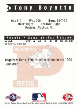 1994 Classic Best Princeton Reds #4 Tony Boyette Back