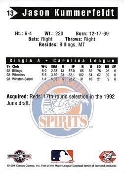 1994 Classic Best Winston-Salem Spirits #13 Jason Kummerfeldt Back