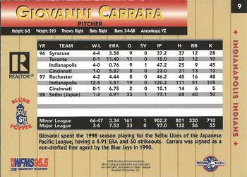 1999 Blueline Indianapolis Indians #9 Giovanni Carrara Back