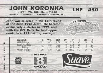 2000 Grandstand Clinton LumberKings #NNO John Koronka Back