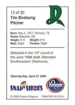 2000 Kroger Dayton Dragons #13 Tim Birdsong Back
