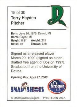 2000 Kroger Dayton Dragons #15 Terry Hayden Back