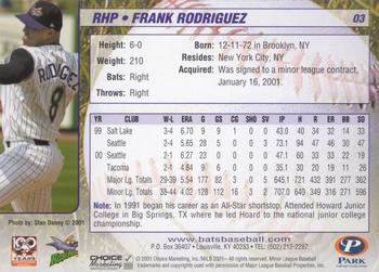 2001 Choice Louisville RiverBats #03 Frank Rodriguez Back