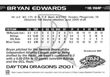 2001 Grandstand Dayton Dragons #NNO Bryan Edwards Back