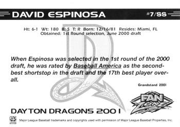 2001 Grandstand Dayton Dragons #NNO David Espinosa Back