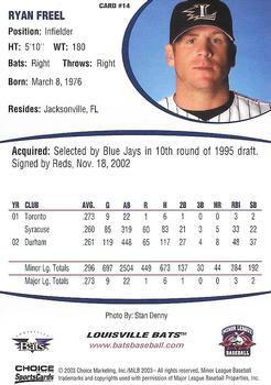 2003 Choice Louisville Bats #14 Ryan Freel Back
