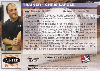 2008 Choice Louisville Bats #34 Chris Lapole Back