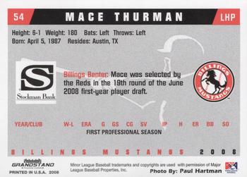 2008 Grandstand Billings Mustangs #NNO Mace Thurman Back
