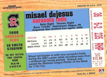 2008 Grandstand Sarasota Reds #NNO Misael DeJesus Back