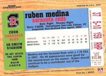 2008 Grandstand Sarasota Reds #NNO Ruben Medina Back