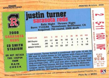 2008 Grandstand Sarasota Reds #NNO Justin Turner Back