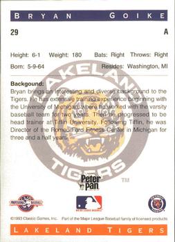 1993 Classic Best Lakeland Tigers #29 Bryan Goike Back