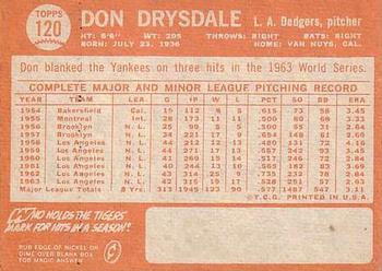 1964 Topps #120 Don Drysdale Back
