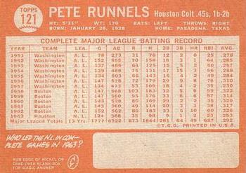 1964 Topps #121 Pete Runnels Back