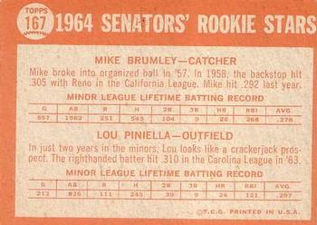 1964 Topps #167 Senators 1964 Rookie Stars (Mike Brumley / Lou Piniella) Back