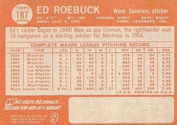 1964 Topps #187 Ed Roebuck Back