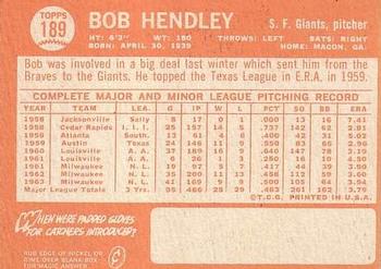 1964 Topps #189 Bob Hendley Back