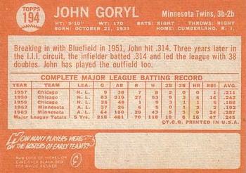1964 Topps #194 John Goryl Back