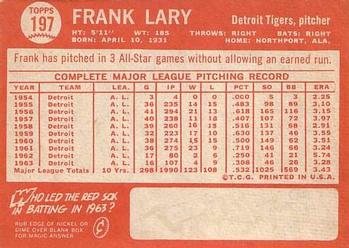 1964 Topps #197 Frank Lary Back