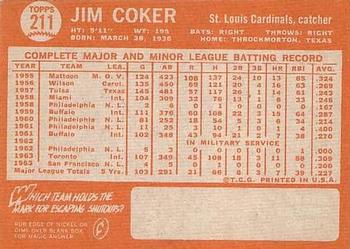 1964 Topps #211 Jim Coker Back