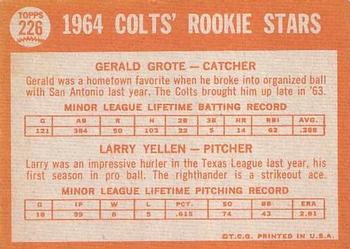 1964 Topps #226 Colts 1964 Rookie Stars (Gerald Grote / Larry Yellen) Back