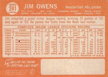1964 Topps #241 Jim Owens Back