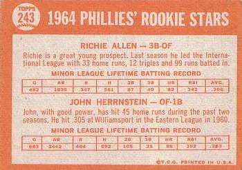 1964 Topps #243 Phillies 1964 Rookie Stars (Richie Allen / John Herrnstein) Back