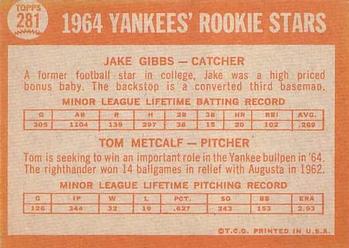 1964 Topps #281 Yankees 1964 Rookie Stars (Jake Gibbs / Tom Metcalf) Back