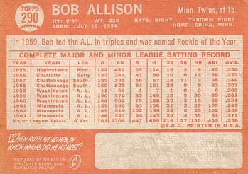 1964 Topps #290 Bob Allison Back