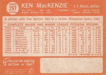 1964 Topps #297 Ken MacKenzie Back