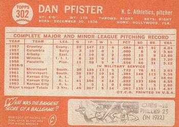 1964 Topps #302 Dan Pfister Back