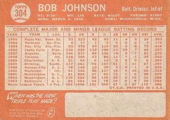 1964 Topps #304 Bob Johnson Back