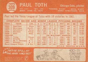 1964 Topps #309 Paul Toth Back